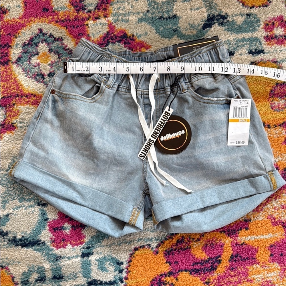 Dollhouse Blue Jean Shorts Elastic Waistband Cuffed Hem - Picture 5 of 10